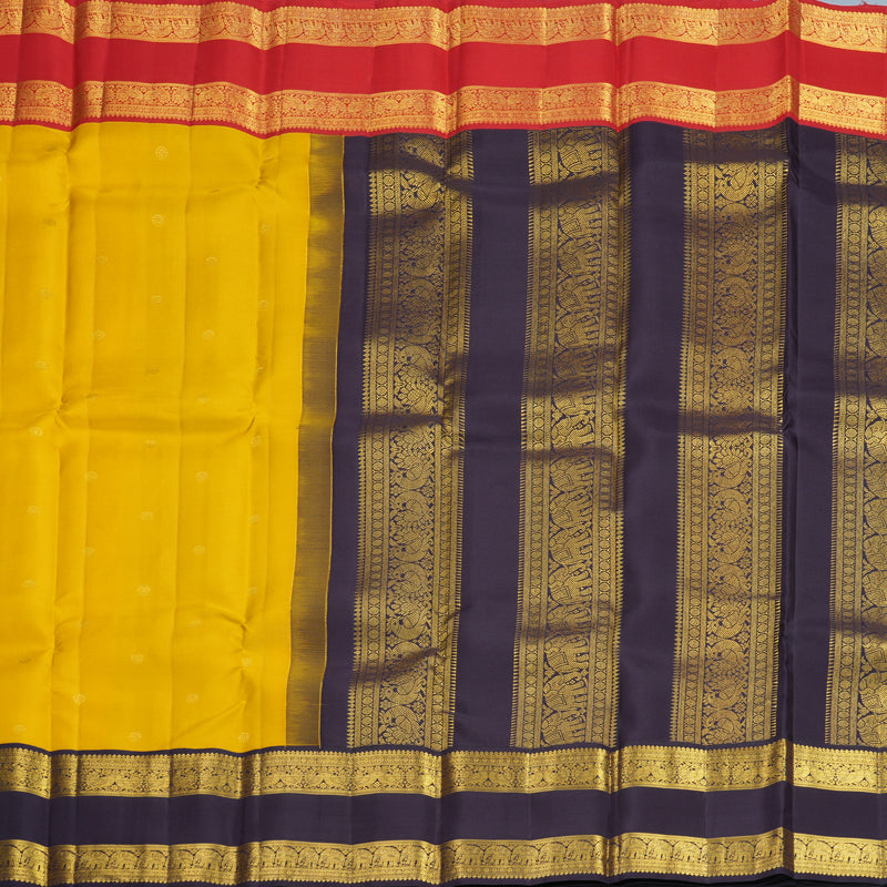Hayagrivas Handloom Mustard Yellow Kanjivaram Silk Saree with Ganga Jamuna Border SSCBF159H7-2