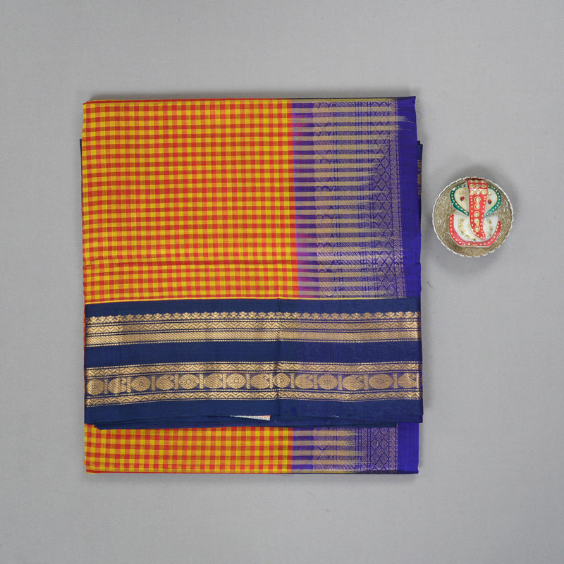 Hayagrivas Yellow & Orange Checks Pure Silk Cotton Saree SSCBF16D15-3