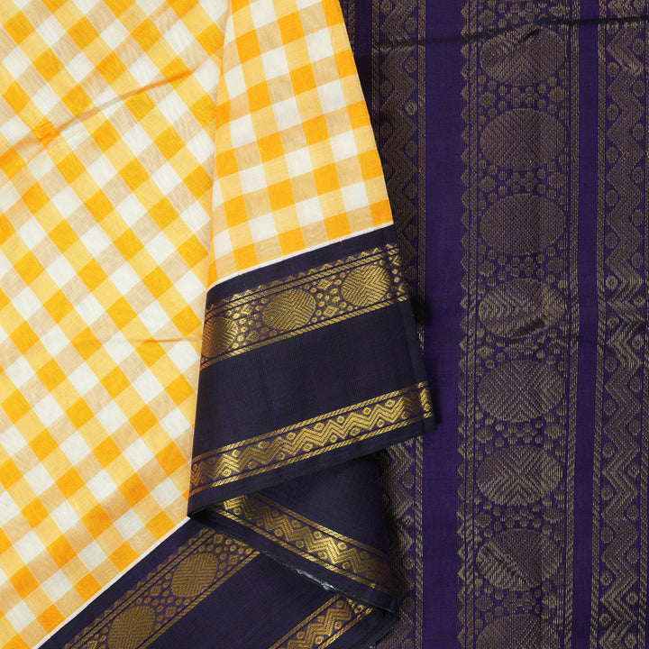 Hayagrivas Yellow & Half-White Checks Pure Silk Cotton Saree SSCBF17D1-2