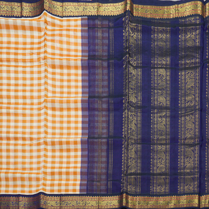 Hayagrivas Yellow & Off-White Checks Pure Silk Cotton Saree SSCBF17D1-3