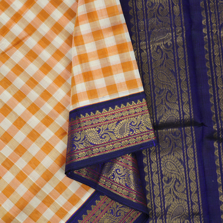 Hayagrivas Yellow & Off-White Checks Pure Silk Cotton Saree SSCBF17D1-3