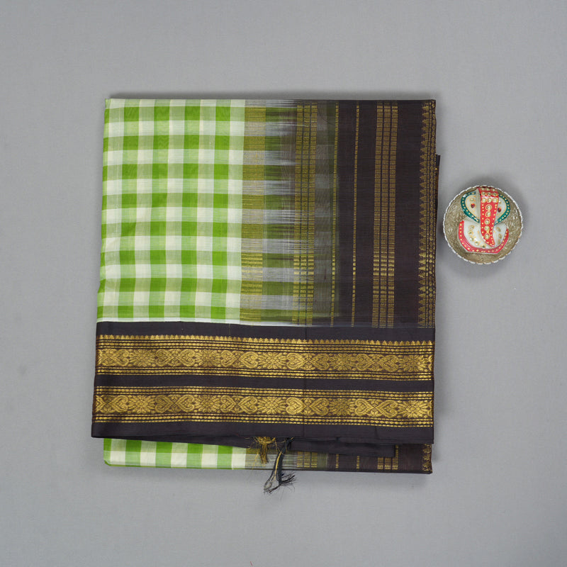 Hayagrivas Green & Off-White Checks Pure Silk Cotton Saree SSCBF17D1-4