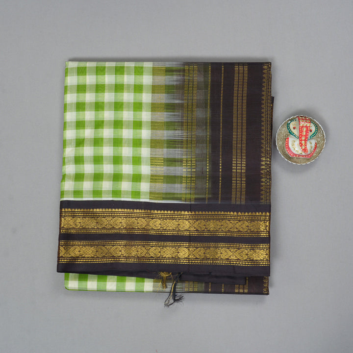 Hayagrivas Green & Off-White Checks Pure Silk Cotton Saree SSCBF17D1-4
