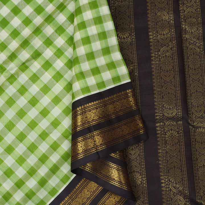 Hayagrivas Green & Off-White Checks Pure Silk Cotton Saree SSCBF17D1-4