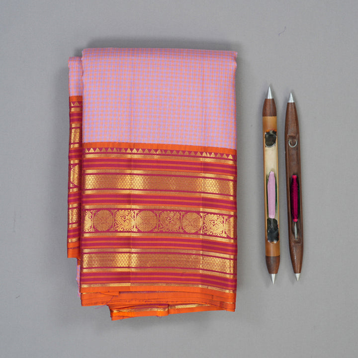 Hayagrivas Handloom Peach Pink & Lilac Checks Kanjivaram Silk Saree SSCBF23D12-4