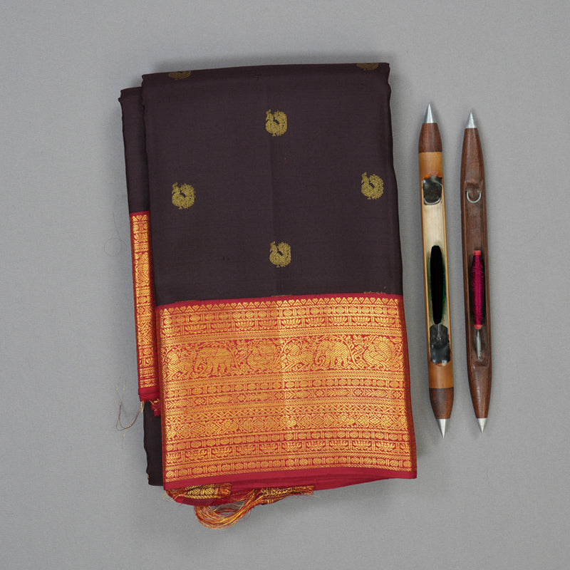 Hayagrivas Handloom Kanchana Brown Kanjivaram Silk Saree with Maroon Border SSCBF23D15-1