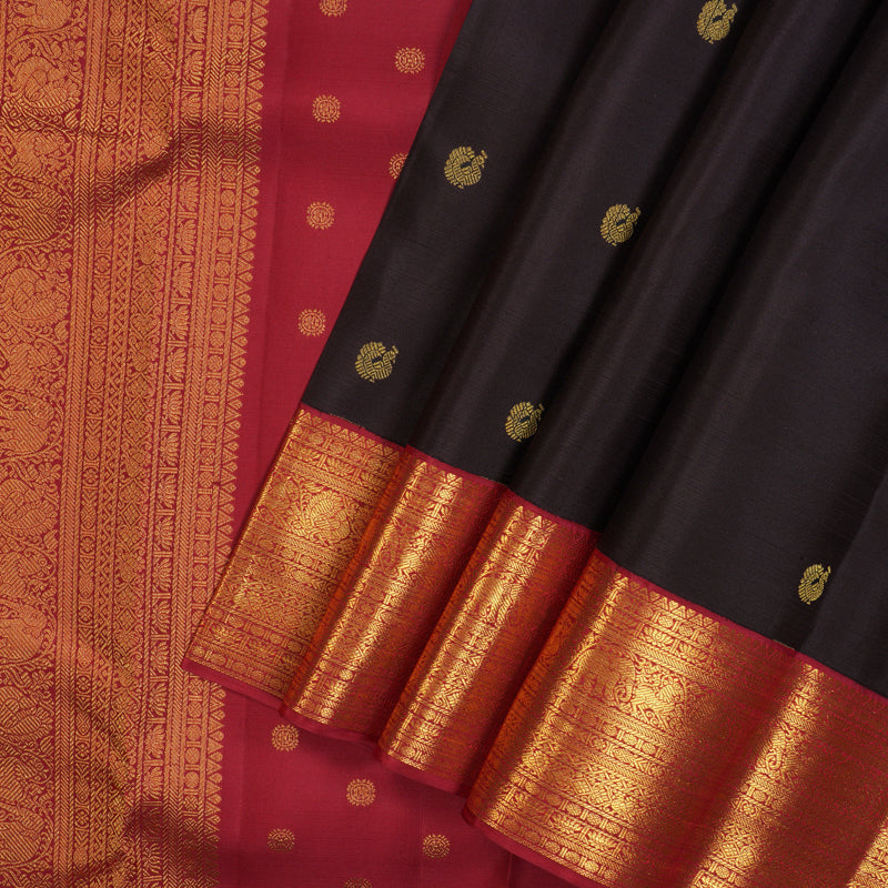 Hayagrivas Handloom Kanchana Brown Kanjivaram Silk Saree with Maroon Border SSCBF23D15-1