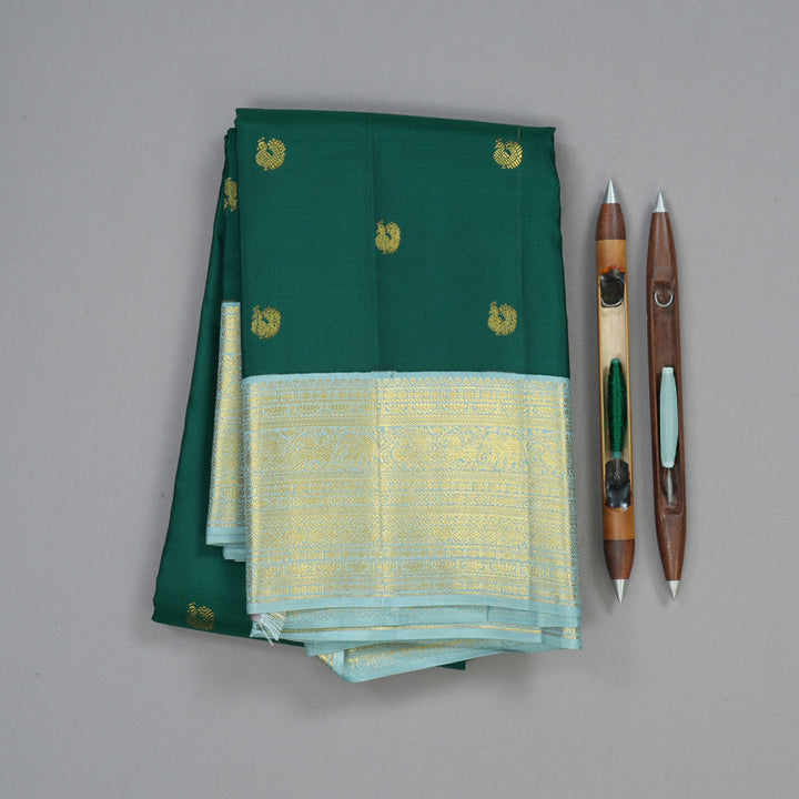 Hayagrivas Handloom Emerald Green Kanjivaram Silk Saree with Powder Blue Border SSCBF23D15-2
