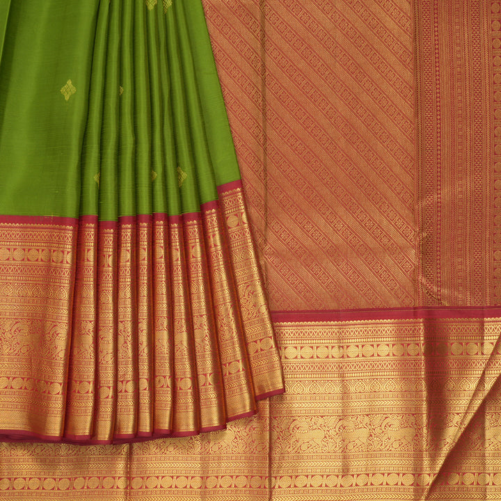 Hayagrivas Handloom Parrot Green Kanjivaram Silk Saree with Red Border SSCBF23D17-4