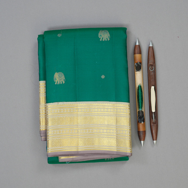 Hayagrivas Handloom Teal Green Kanjivaram Silk Saree with Beige Border SSCBF23D18-2