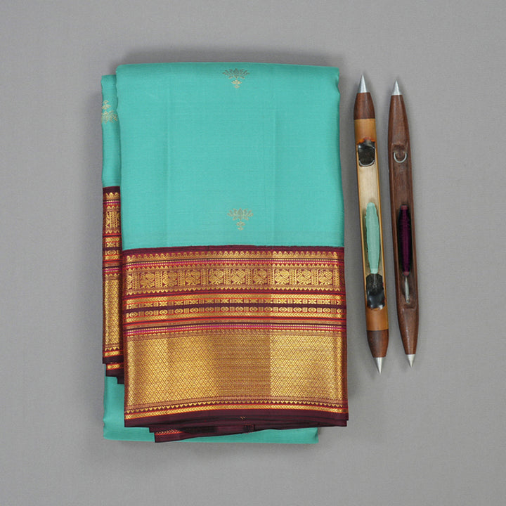 Hayagrivas Handloom Seafoam Teal Kanjivaram Silk Saree with Wine Border SSCBF23D20-4