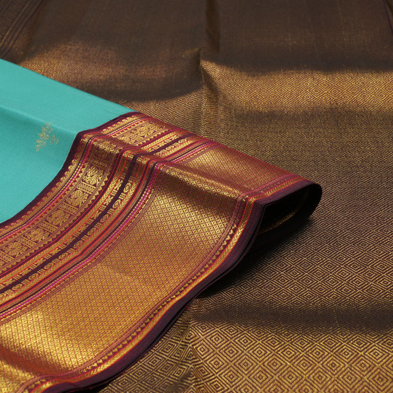 Hayagrivas Handloom Seafoam Teal Kanjivaram Silk Saree with Wine Border SSCBF23D20-4