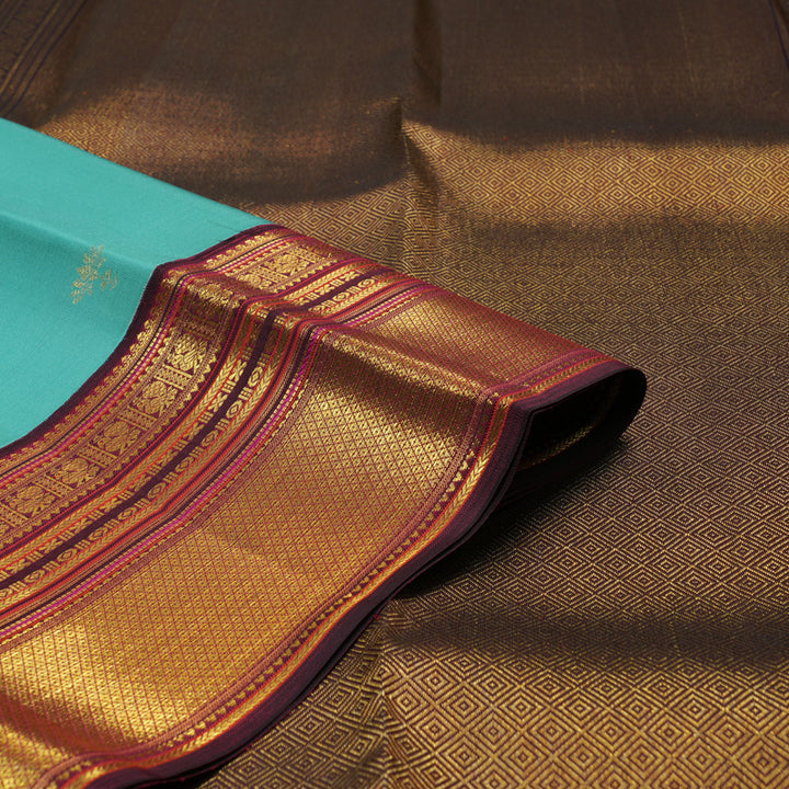 Hayagrivas Handloom Seafoam Teal Kanjivaram Silk Saree with Wine Border SSCBF23D20-4
