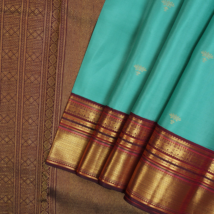 Hayagrivas Handloom Seafoam Teal Kanjivaram Silk Saree with Wine Border SSCBF23D20-4