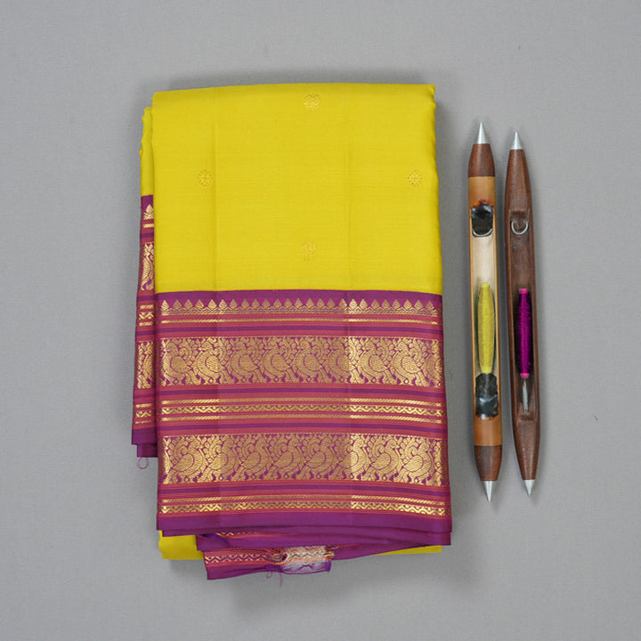 Hayagrivas Handloom Lime Green Kanjivaram Silk Saree with Violet Border SSCBF23D20-7