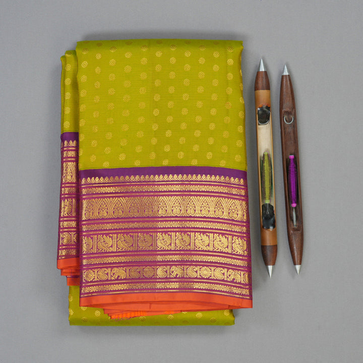 Hayagrivas Handloom Parrot Green Kanjivaram Silk Saree with Purple Border SSCBF23D21-2