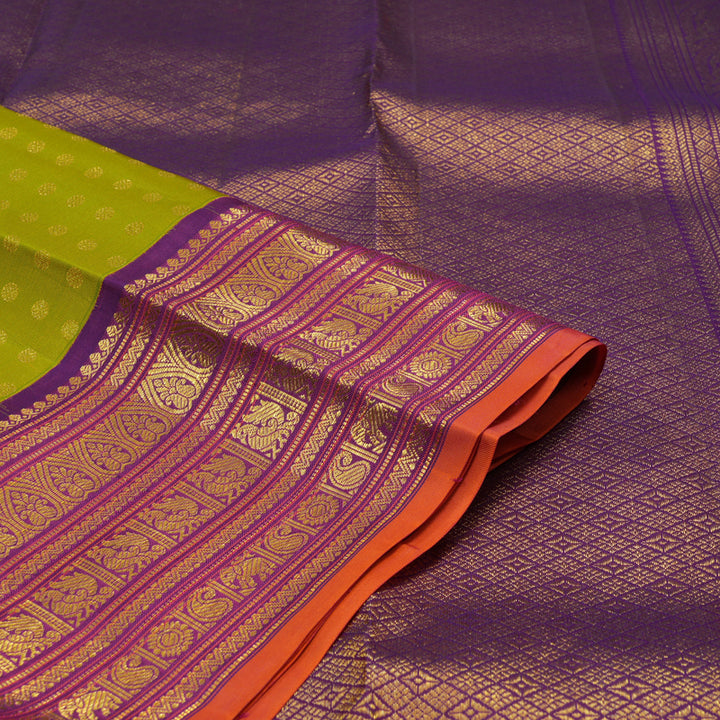 Hayagrivas Handloom Parrot Green Kanjivaram Silk Saree with Purple Border SSCBF23D21-2