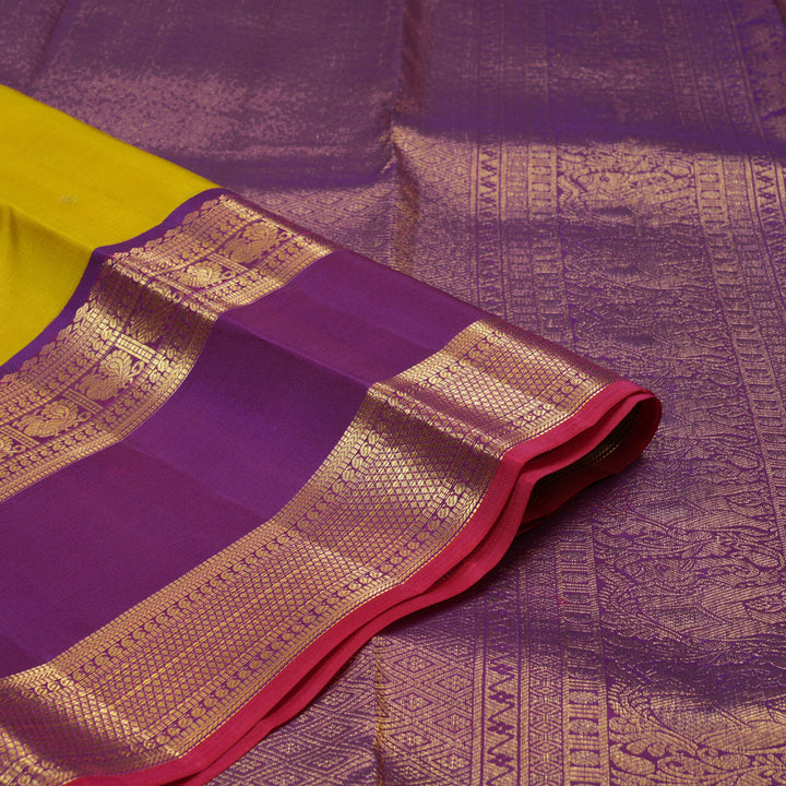 Hayagrivas Handloom Sampanga Yellow Kanjivaram Silk Saree with Vadamalli Purple Border SSCBF23D6-2