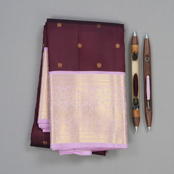 Hayagrivas Handloom Wine Maroon Kanjivaram Silk Saree with Lavendar Border SSCBF23D9-2