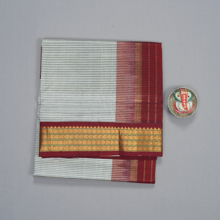 Hayagrivas White & Grey Stripes Pure Silk Cotton Saree SSCBF35D5-4
