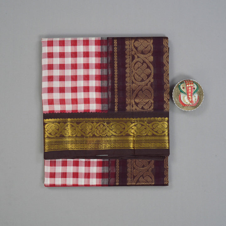 Hayagrivas Red & White Checks Pure Silk Cotton Saree SSCBF36D1-3