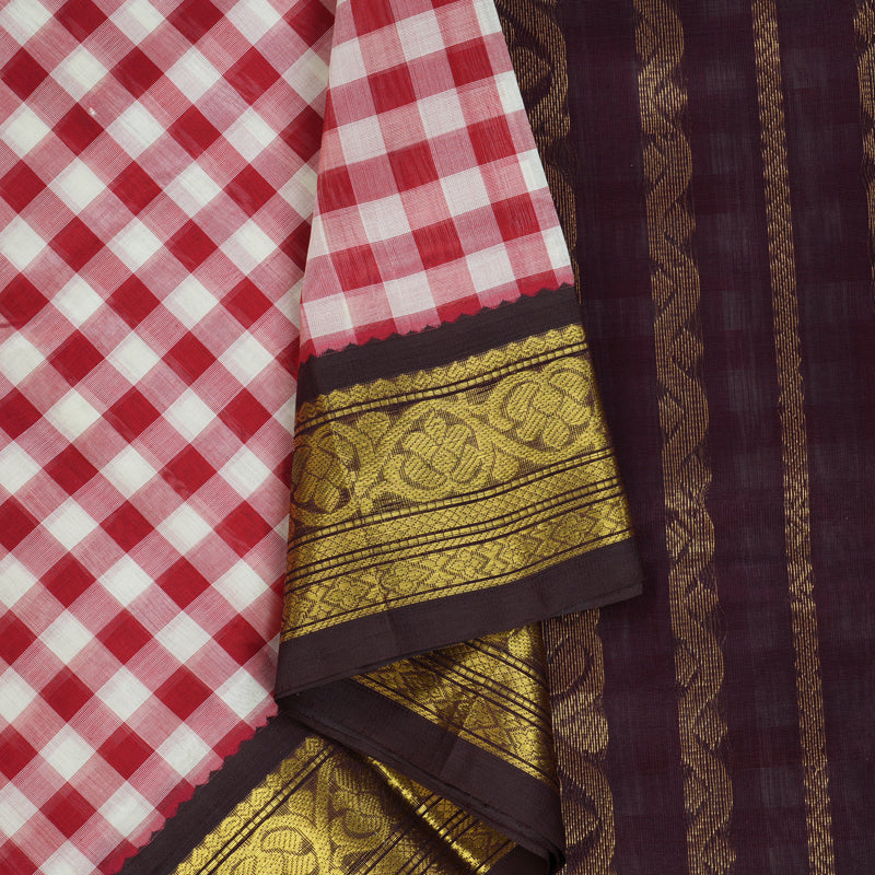 Hayagrivas Red & White Checks Pure Silk Cotton Saree SSCBF36D1-3
