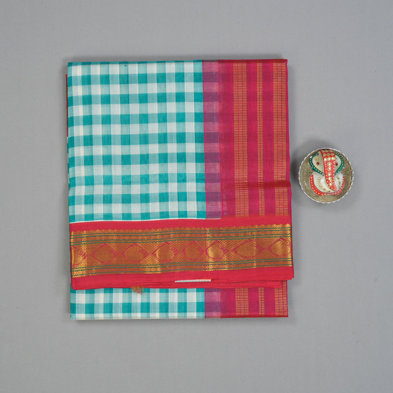 Hayagrivas Teal & White Checks Pure Silk Cotton Saree SSCBF36D1-4