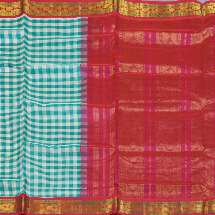 Hayagrivas Teal & White Checks Pure Silk Cotton Saree SSCBF36D1-4