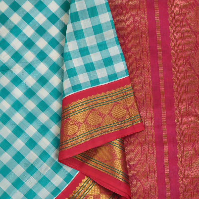 Hayagrivas Teal & White Checks Pure Silk Cotton Saree SSCBF36D1-4