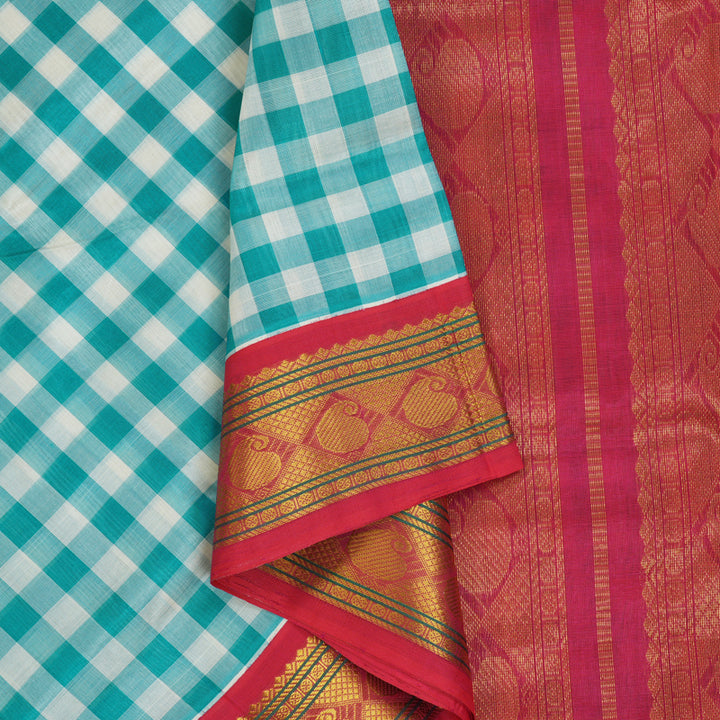 Hayagrivas Teal & White Checks Pure Silk Cotton Saree SSCBF36D1-4