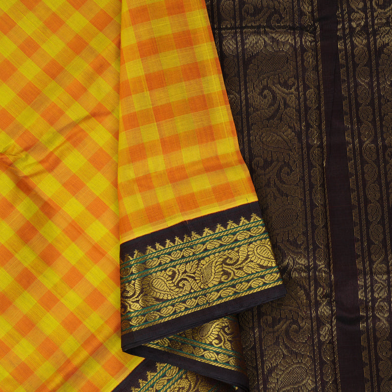 Hayagrivas Yellow & Orange Checks Pure Silk Cotton Saree SSCBF36D1-5