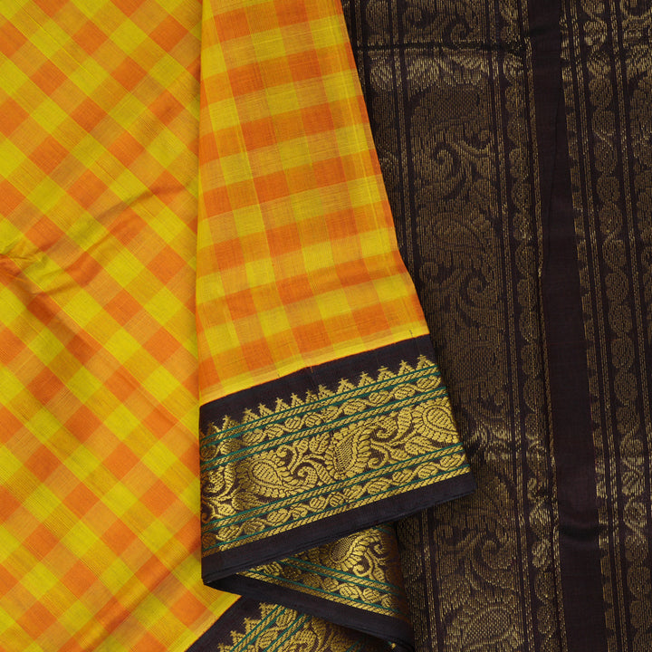Hayagrivas Yellow & Orange Checks Pure Silk Cotton Saree SSCBF36D1-5