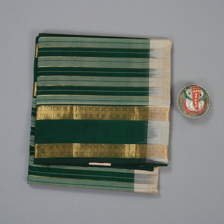 Hayagrivas Bottle Green & Cream Stripes Pure Silk Cotton Saree SSCBF37D1-8