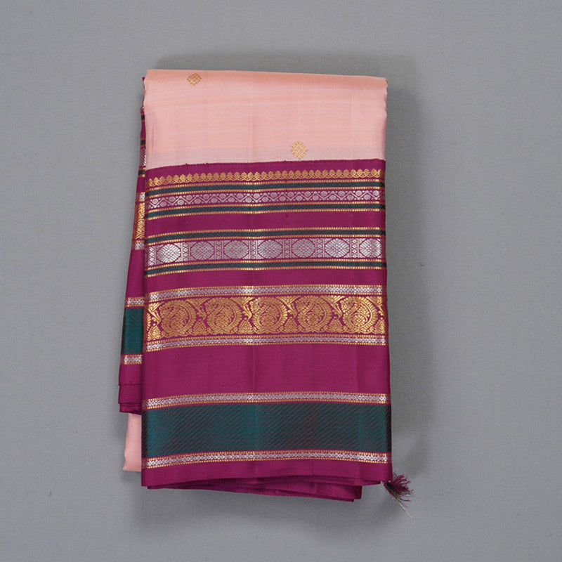 Hayagrivas Handloom Peach Pink Kanjivaram Silk Saree with Magenta Border SSCBF59E1-1