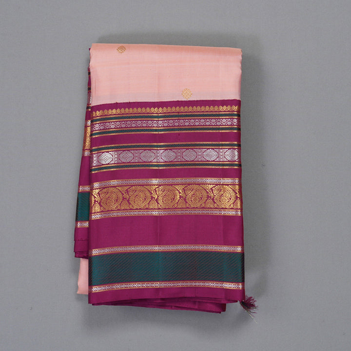 Hayagrivas Handloom Peach Pink Kanjivaram Silk Saree with Magenta Border SSCBF59E1-1