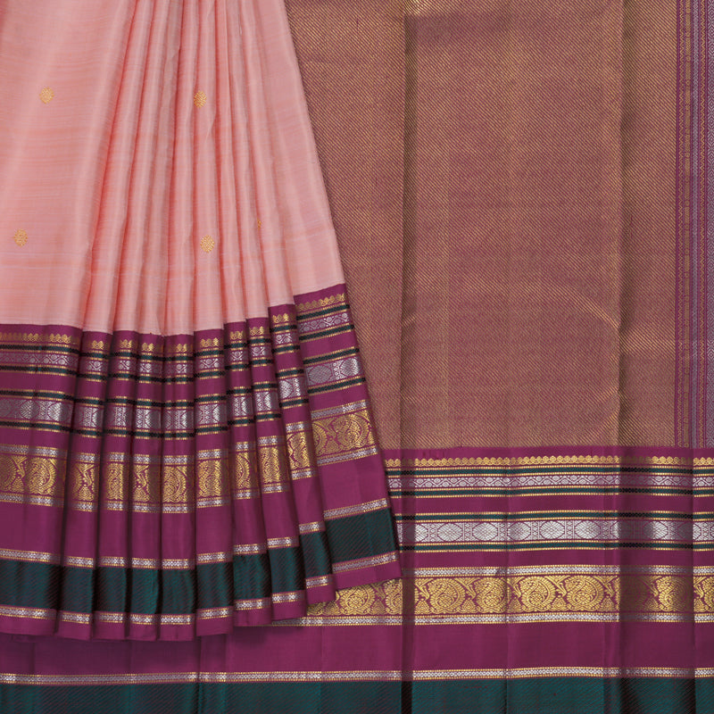 Hayagrivas Handloom Peach Pink Kanjivaram Silk Saree with Magenta Border SSCBF59E1-1