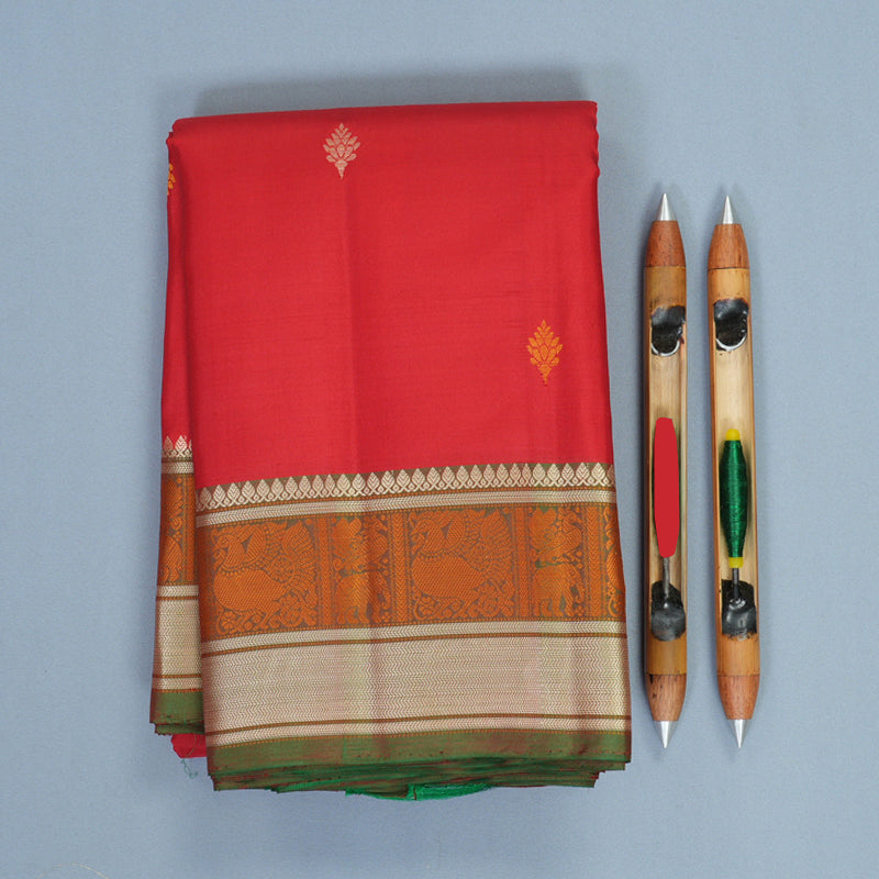 Hayagrivas Handloom Red Kanjivaram Silk Saree with Manthalir Green Border SSKBF149H11-2
