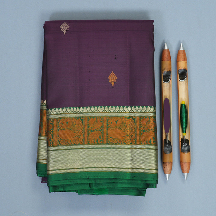 Hayagrivas Handloom Brinjal Purple Kanjivaram Silk Saree with Dark Green Border SSKBF149H11-3