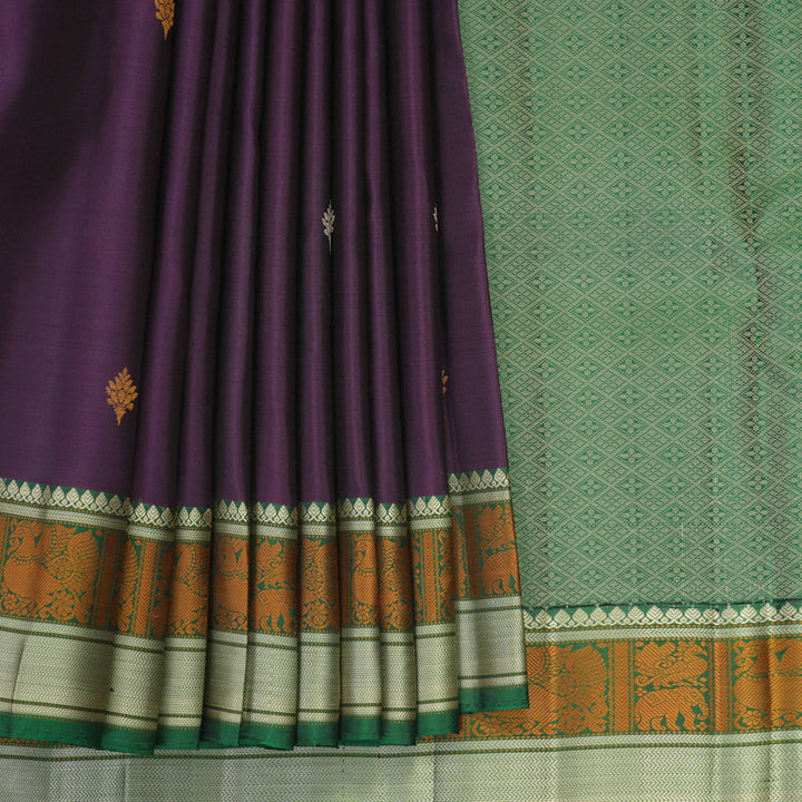 Hayagrivas Handloom Brinjal Purple Kanjivaram Silk Saree with Dark Green Border SSKBF149H11-3