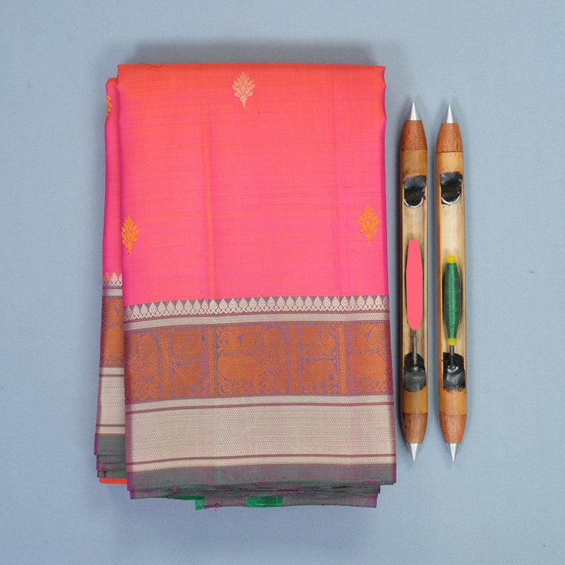 Hayagrivas Handloom Orangish-Pink Kanjivaram Silk Saree with Mayilkazhuthu Border SSKBF149H11-4