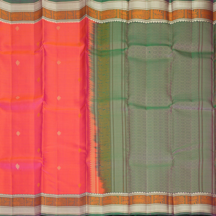 Hayagrivas Handloom Orangish-Pink Kanjivaram Silk Saree with Mayilkazhuthu Border SSKBF149H11-4