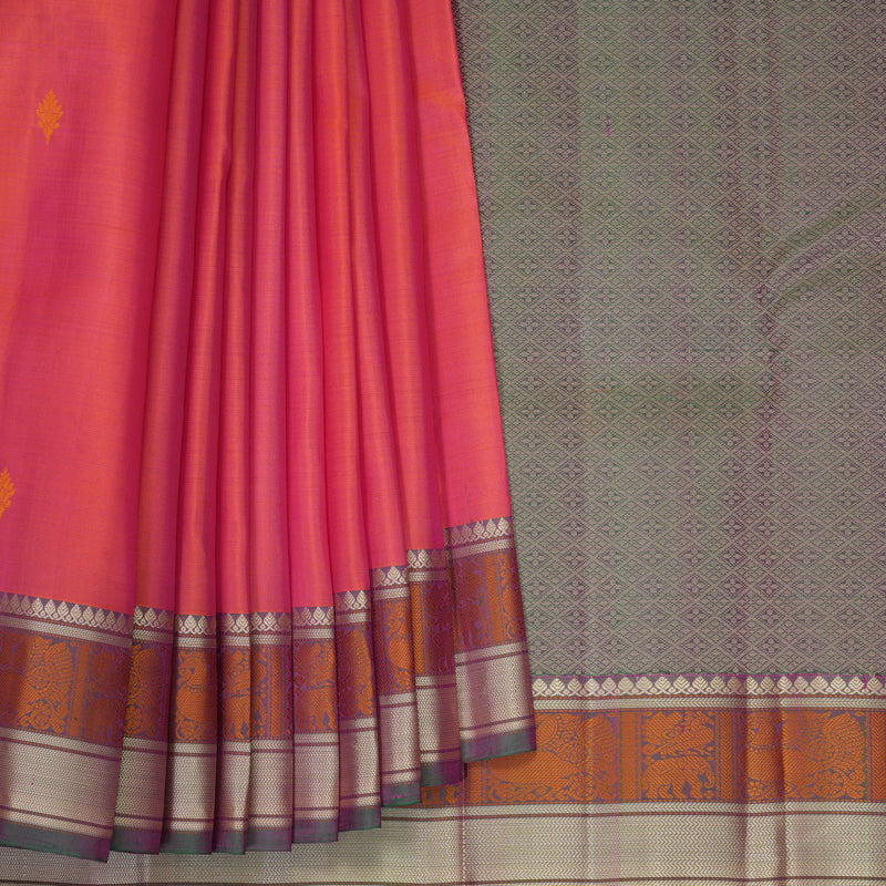 Hayagrivas Handloom Orangish-Pink Kanjivaram Silk Saree with Mayilkazhuthu Border SSKBF149H11-4