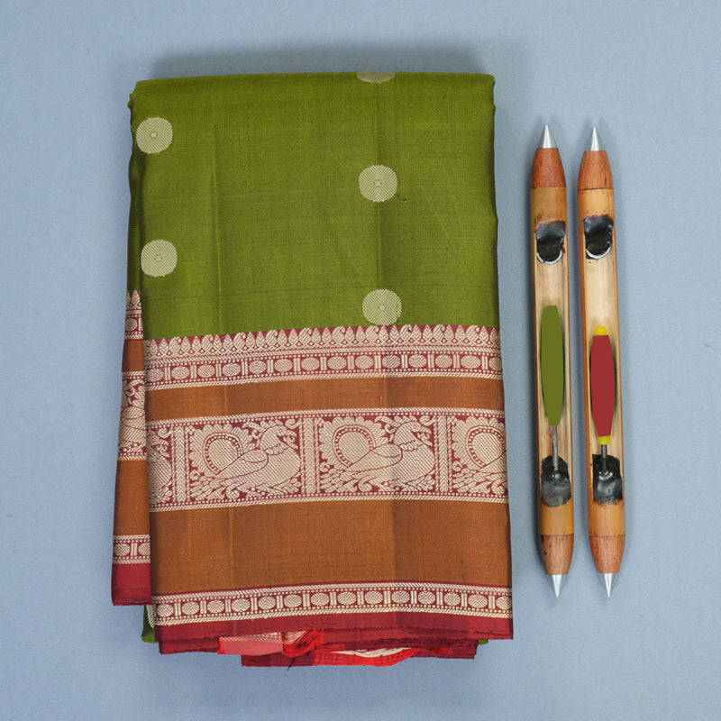 Hayagrivas Handloom Olive Green Kanjivaram Silk Saree with Rust Maroon Border SSKBF149H11-6