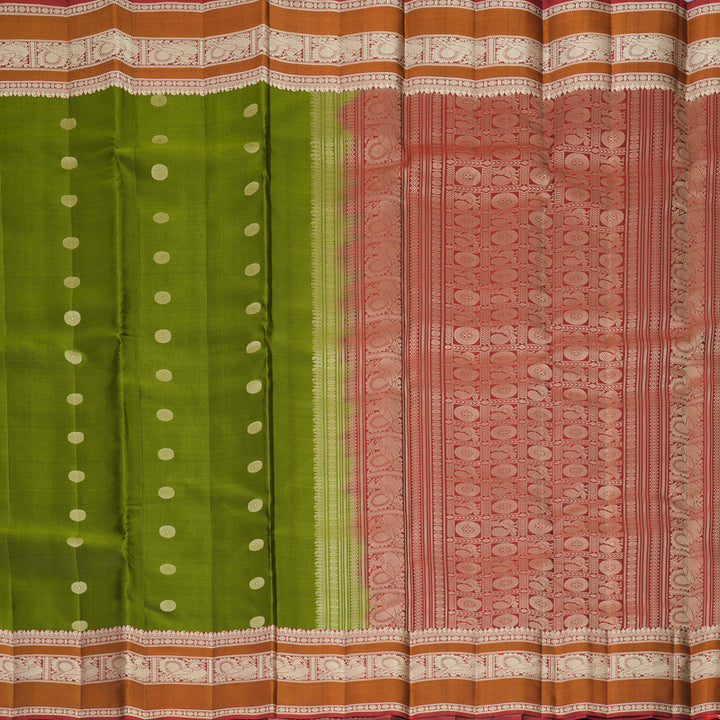 Hayagrivas Handloom Olive Green Kanjivaram Silk Saree with Rust Maroon Border SSKBF149H11-6