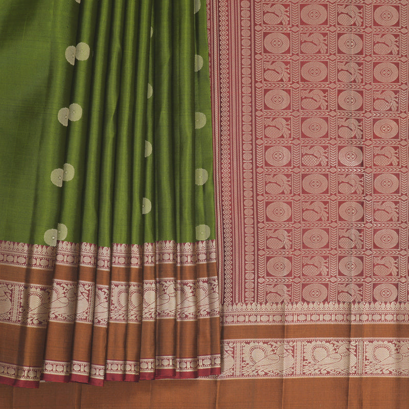 Hayagrivas Handloom Olive Green Kanjivaram Silk Saree with Rust Maroon Border SSKBF149H11-6