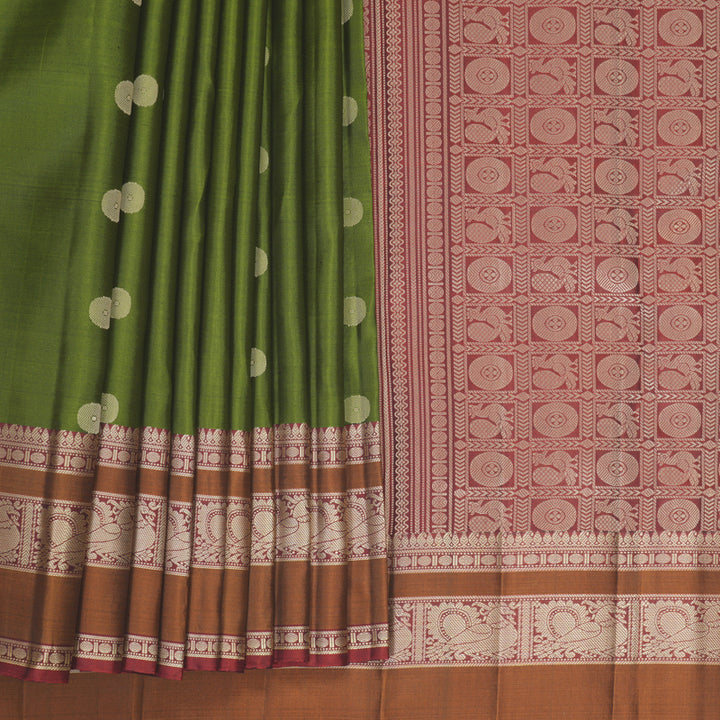 Hayagrivas Handloom Olive Green Kanjivaram Silk Saree with Rust Maroon Border SSKBF149H11-6