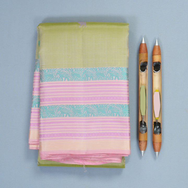 Hayagrivas Handloom Pista Green Kanjivaram Silk Saree with Baby Pink Border SSKBF149H11-8