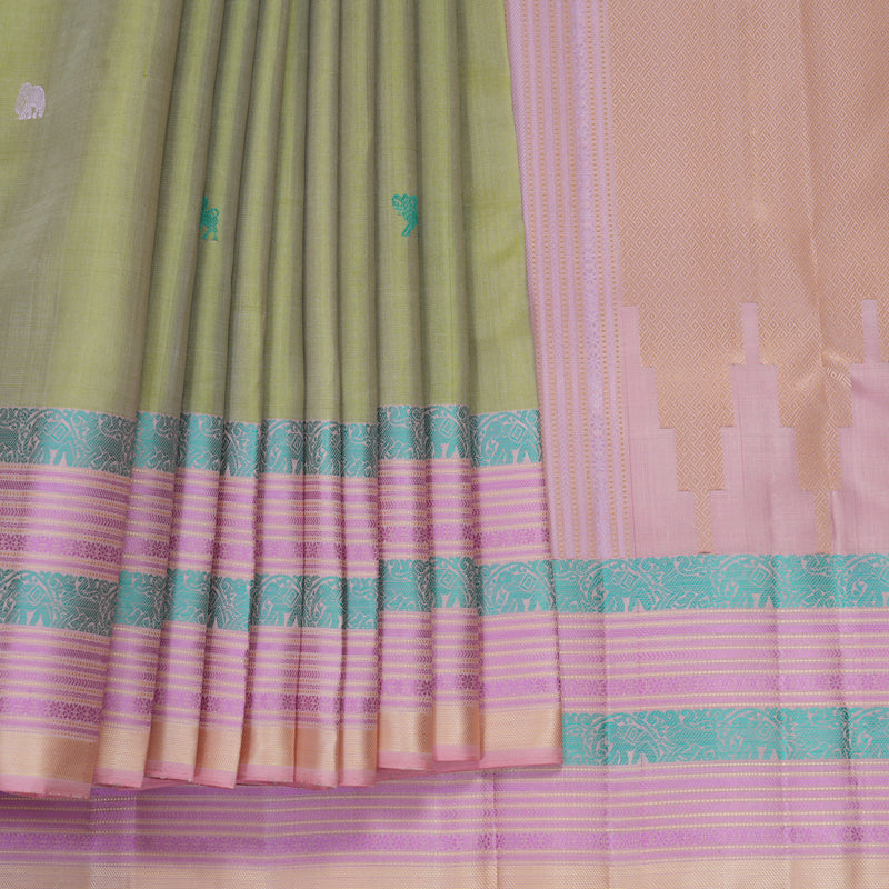 Hayagrivas Handloom Pista Green Kanjivaram Silk Saree with Baby Pink Border SSKBF149H11-8
