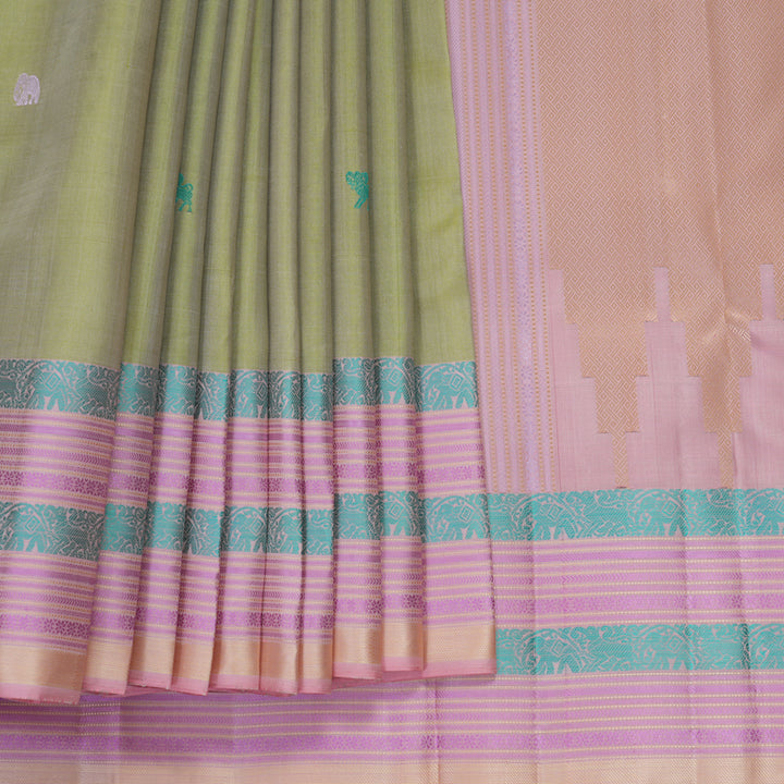 Hayagrivas Handloom Pista Green Kanjivaram Silk Saree with Baby Pink Border SSKBF149H11-8