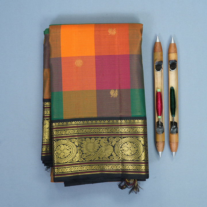 Hayagrivas Handloom Multicolour Checks Kanjivaram Silk Saree with Black Border SSKBF154H11-1